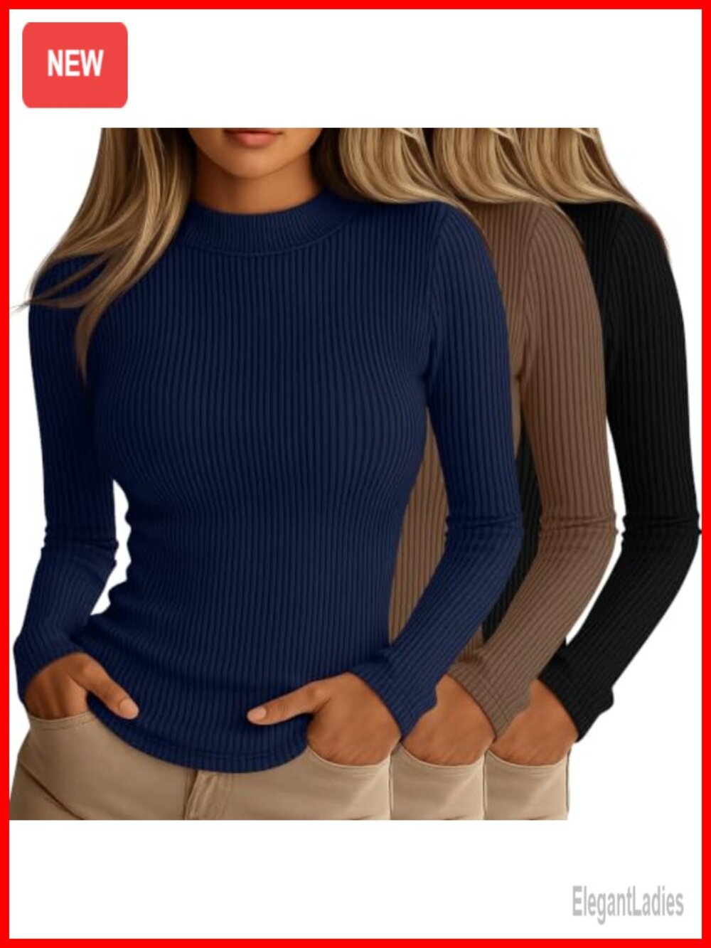 Women's Mock Neck Ribbed Long Sleeve Tops 3 Pack Stretch Slim Fit Shirts
